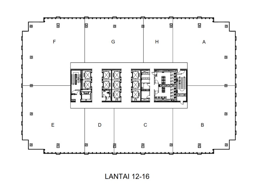 Layout lantai 12 hingga 16 Plaza Oleos, menampilkan ruang kantor yang luas dan modern, dirancang untuk mendukung kolaborasi bisnis dengan pemandangan kota yang menakjubkan