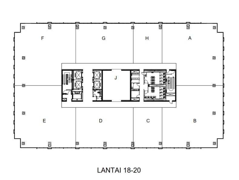Layout lantai 18 hingga 20 Plaza Oleos, menampilkan ruang kantor yang luas dan modern, ideal untuk perusahaan yang mencari lingkungan kerja inspiratif dengan pemandangan spektakuler