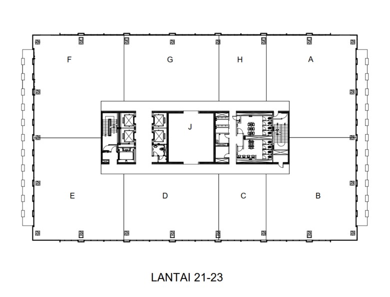 Layout lantai 21 hingga 23 Plaza Oleos, menampilkan ruang kantor yang luas dan bergaya, dirancang untuk mendukung produktivitas dan kreativitas dengan pemandangan kota yang menakjubkan