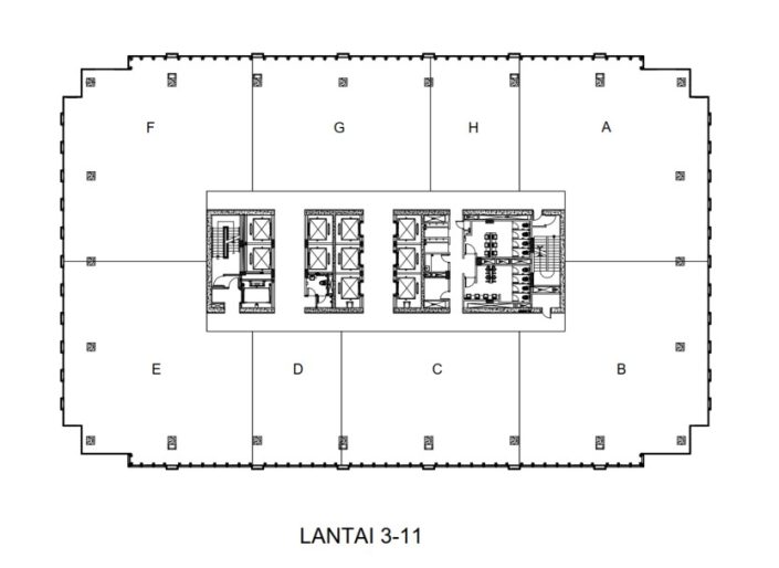 Layout lantai 3 hingga 11 Plaza Oleos, menampilkan ruang kantor yang luas dan fleksibel, ideal untuk berbagai kebutuhan bisnis dengan desain modern