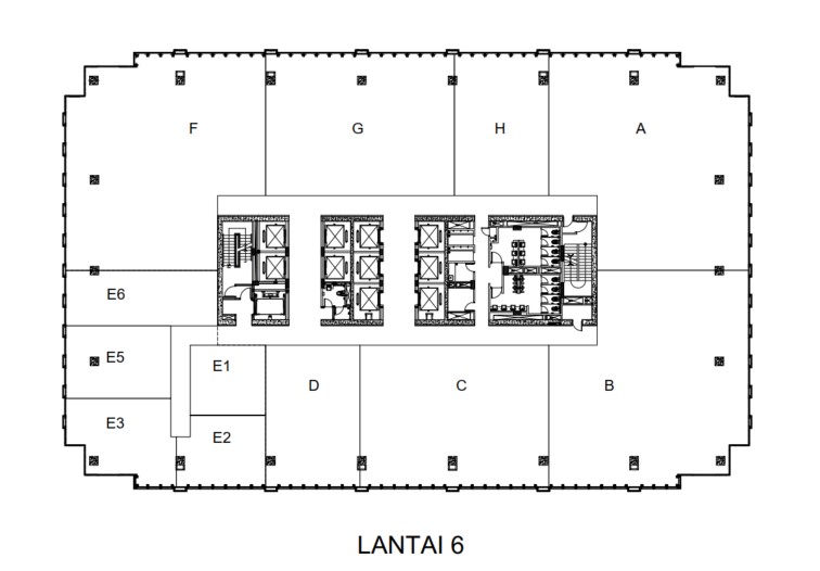 Layout lantai 6 Plaza Oleos, menampilkan ruang kantor yang luas dan modern, cocok untuk kebutuhan bisnis dengan pencahayaan alami yang optimal