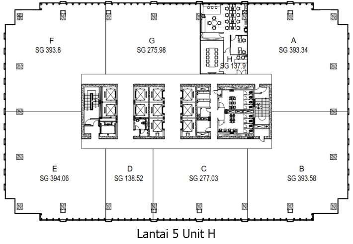 Layout lantai 5 Zona H Plaza Oleos, menampilkan ruang kantor fully furnished yang modern dan siap pakai, dirancang untuk mendukung produktivitas dengan pencahayaan alami yang optimal