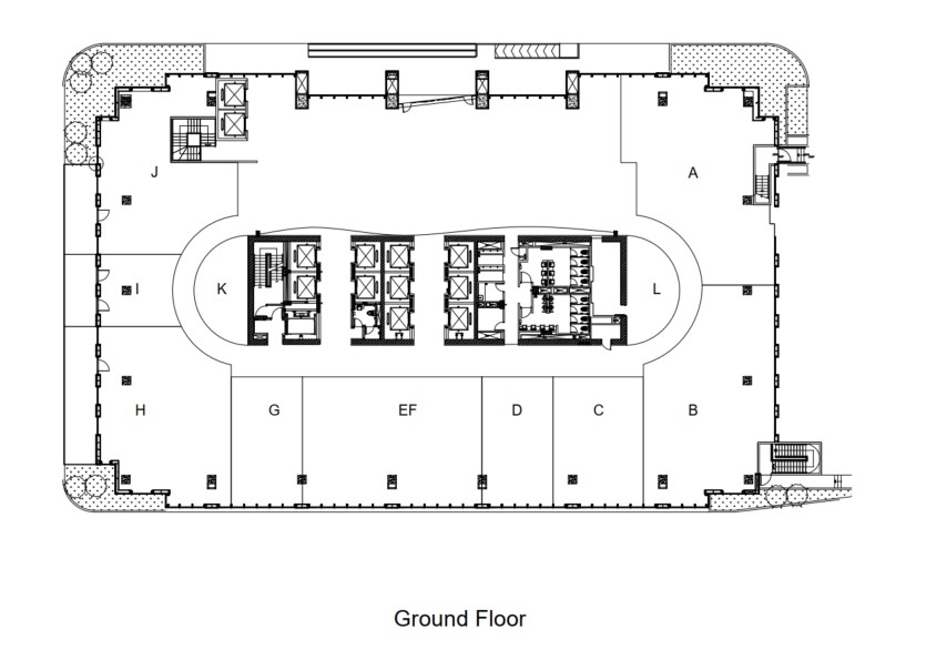 Layout ground floor Plaza Oleos, menampilkan ruang kantor yang spacious dan desain modern untuk mendukung produktivitas bisnis