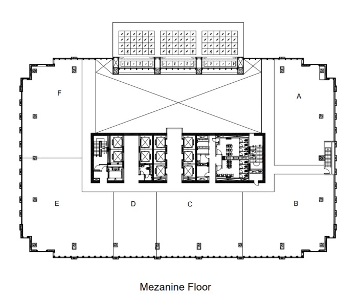 Layout mezzanine floor Plaza Oleos, menampilkan ruang kantor yang luas dengan pencahayaan hangat dan desain kontemporer untuk mendukung aktivitas bisnis
